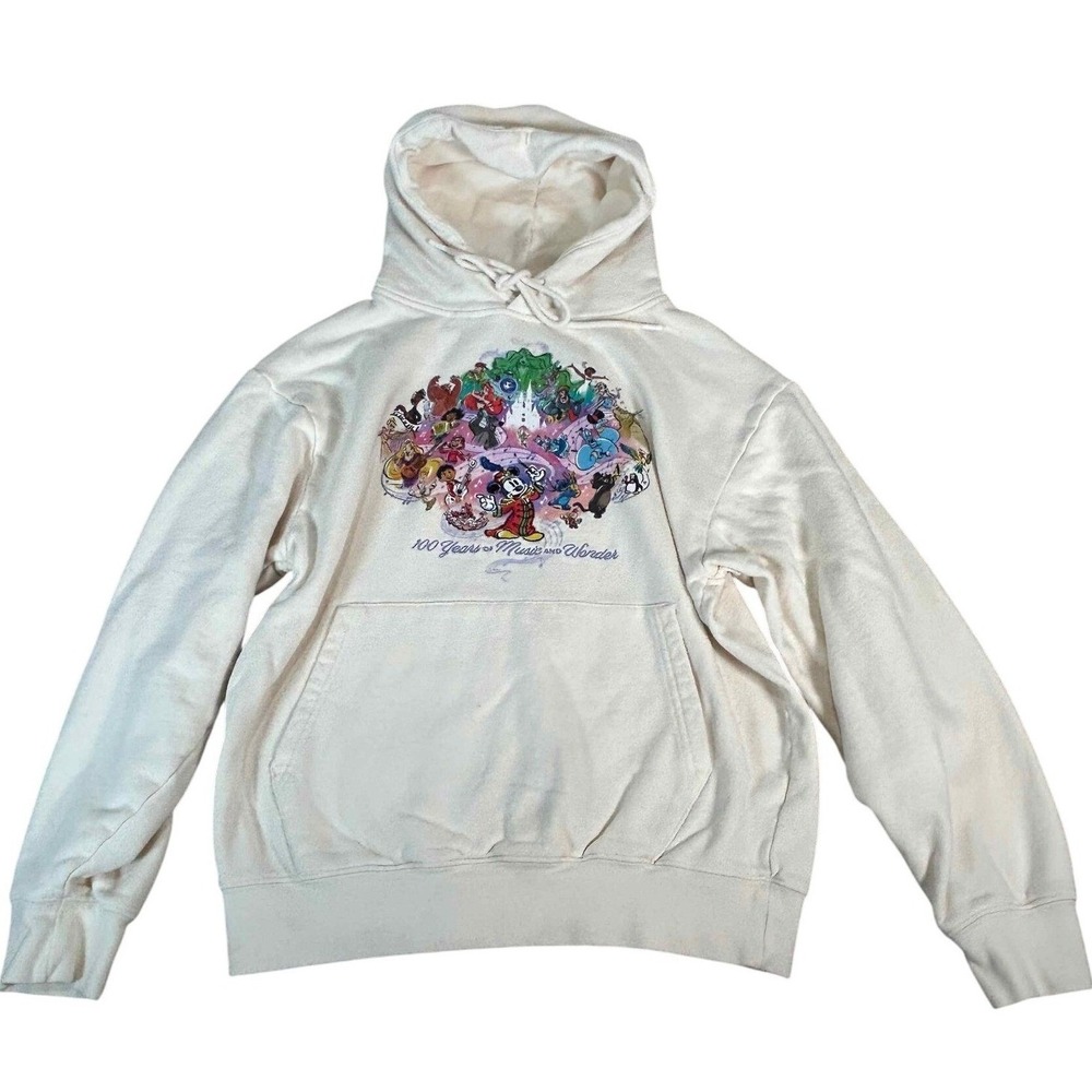 Disney 100 Years of Music and Wonder Hoodie Cream Graphic Sweatshirt Mens Small